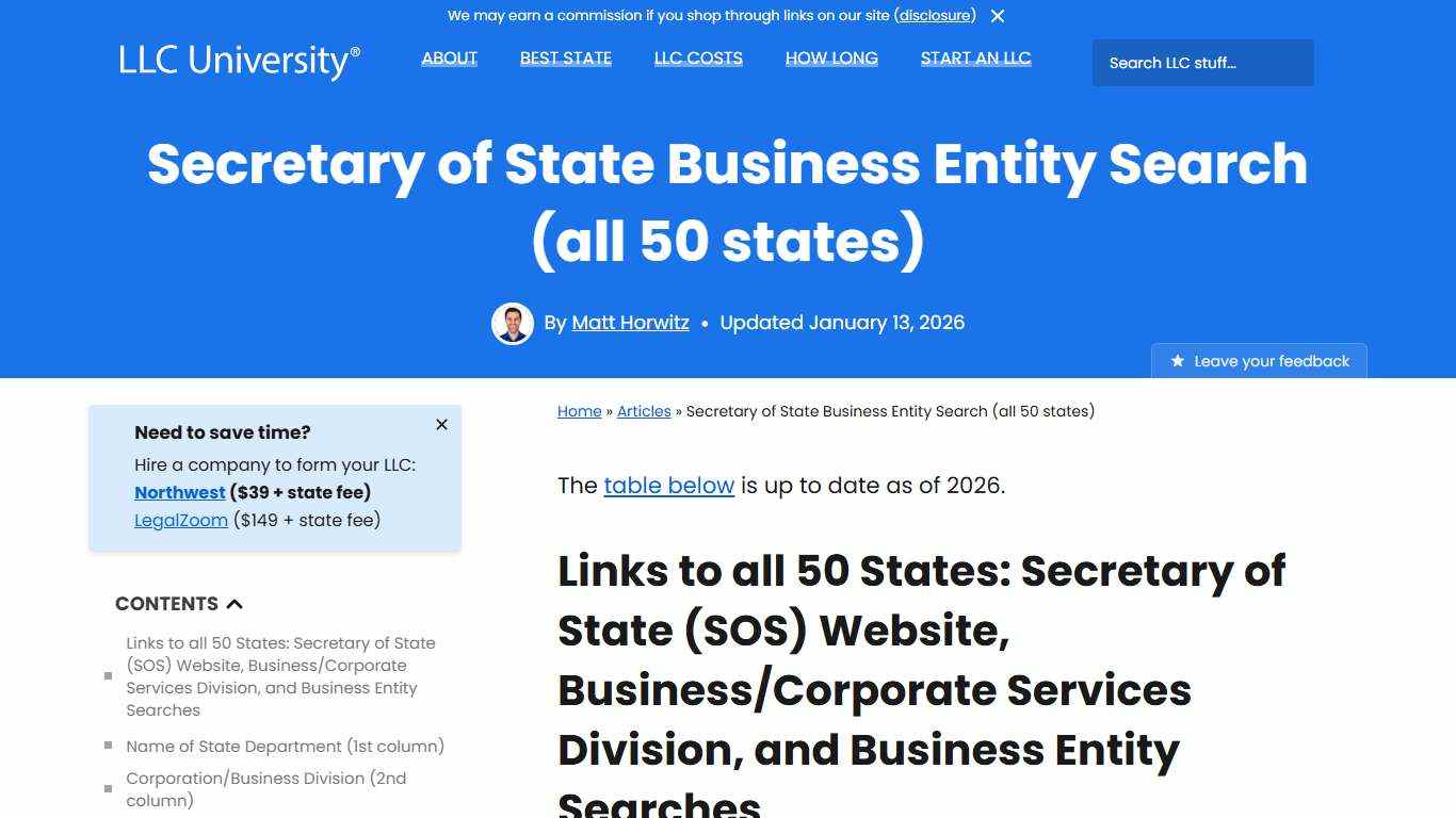 Secretary of State Business Entity Search (all 50 states) - 2026