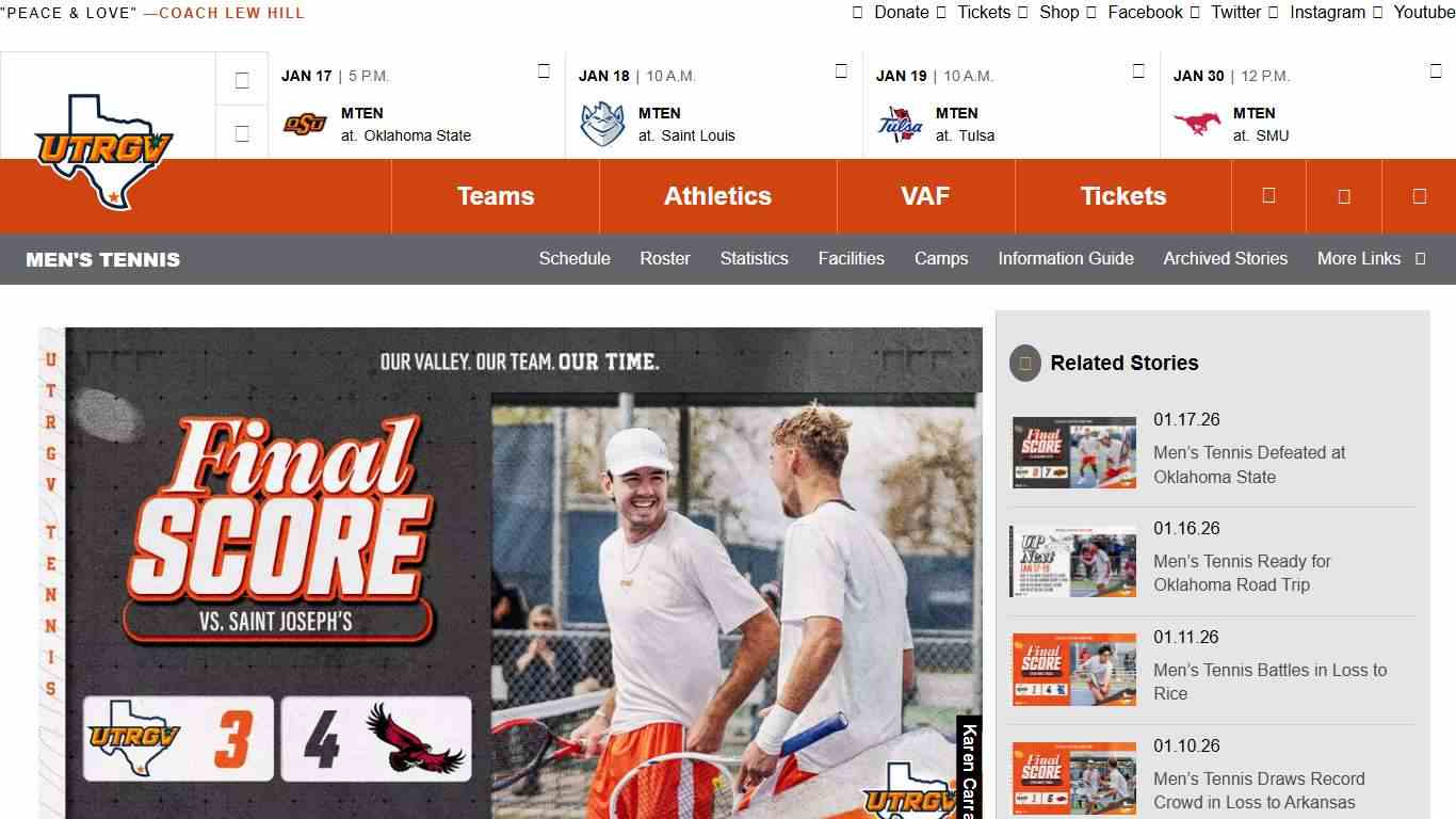 Roberts and Whitehead Earn Ranked Win as Men’s Tennis Falls to Saint Joseph’s - UTRGV Athletics